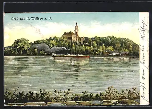 AK N.-Wallsee a. D., Uferpartie mit Schloss und Dampfer
