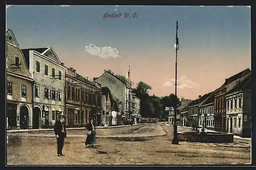 AK Gmünd, Strassenpartie mit Brunnen