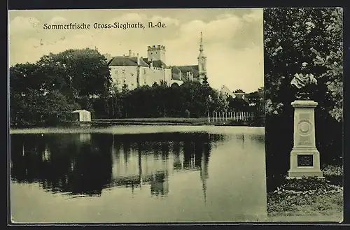 AK Gross-Siegharts, Uferpartie mit Schloss, Denkmal