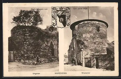 AK Marchegg, Ungartor, Wienertor, Stadt-Wappen