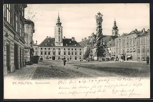 AK St. Pölten, Rathausplatz mit Denkmal