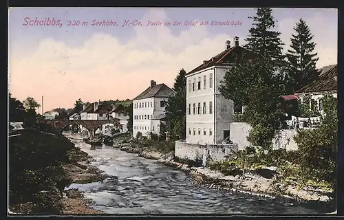 AK Scheibbs, Ortsansicht mit der Erlauf und der Römerbrücke