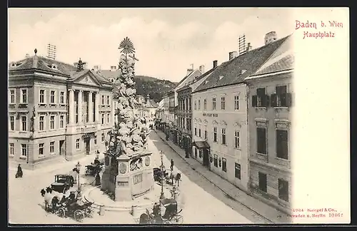 AK Baden, Hauptplatz mit Hotel Stadt Wien mit Denkmal