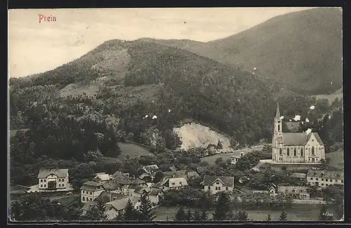 AK Prein a. d. Rax, Ortsansicht mit Kirche aus der Vogelschau