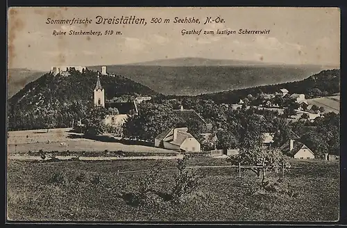 AK Dreistätten, Ortspartie mit Gasthof zum lustigen Scherrerwirt und Ruine Starhemberg