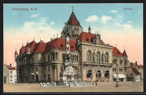 AK Korneuburg, Rathaus mit Rattenfängerbrunnen & Dreifaltigkeitssäule