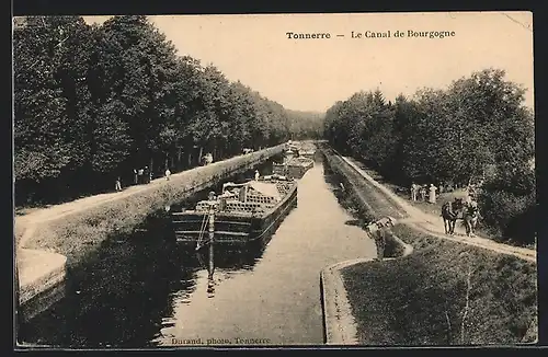 AK Tonnerre, Le Canal de Bourgogne, Schiff im Kanal, Treideln