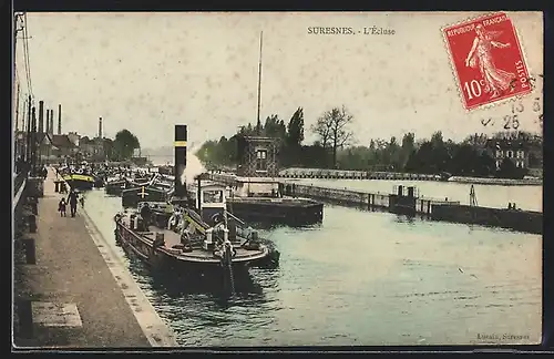 AK Suresnes, L`écluse, Lastkähne an der Schleuse