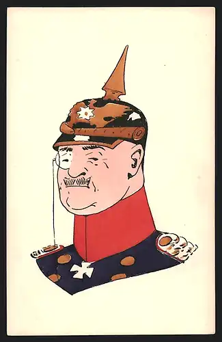Künstler-AK Offizier in Uniform mit Pickelhaube und Monokel