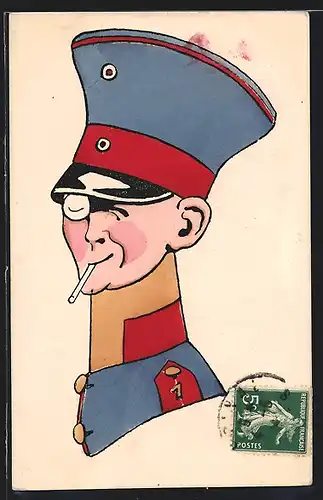 Künstler-AK Offizier in Uniform mit Schirmmütze und Monokel