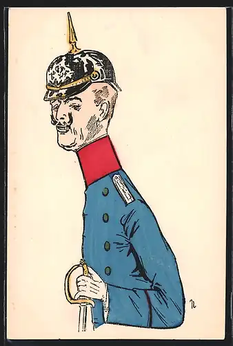 Künstler-AK Offizier in Uniform mit Pickelhaube und Säbel