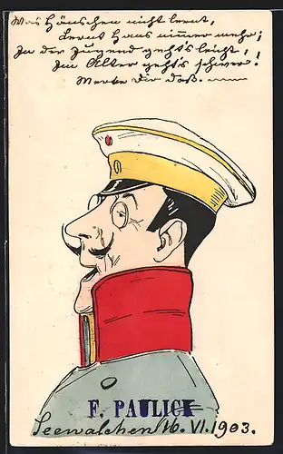 AK Offizier in Uniform mit Schnurrbart und Brille