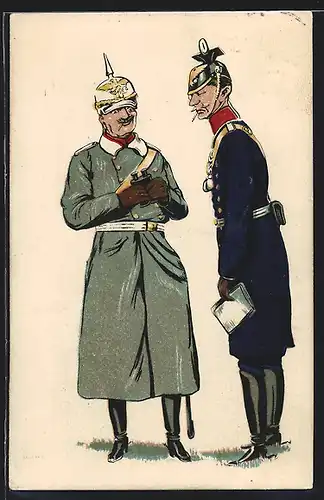 Künstler-AK Zwei Offiziere in Uniform, einer davon ein Ulan der zweite mit Fernglas