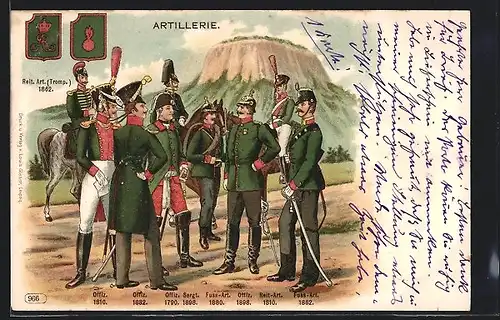 Lithographie Sächsische Artillerie, Schulterklappen, Uniformen Offiz. 1810, Reit-Art.1910, Sergt. 1898, Trompeter