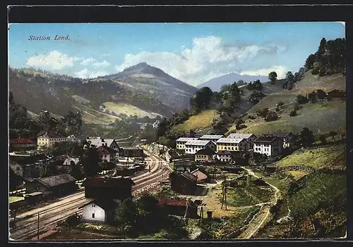 AK Lend, Ortsansicht mit Bahnhof aus der Vogelschau
