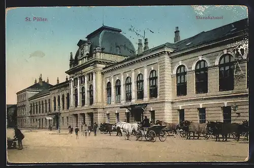 AK St. Pölten, Staatsbahnhof mit Pferdewagen