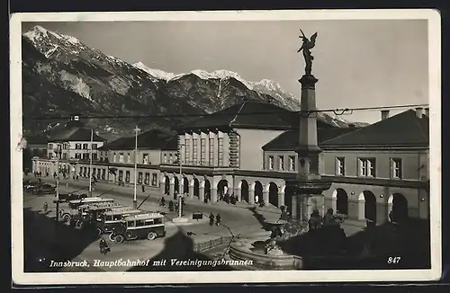 AK Innsbruck, Hauptbahnhof mit Vereinigungsbrunnen