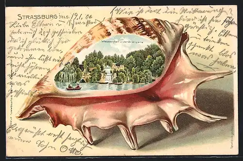 Lithographie Strassburg, Wasserfall in der Orangerie, Ansicht auf Muschel