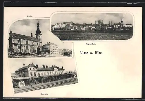 AK Lissa / Lysa, Bahnhof von der Gleisseite, Kirche