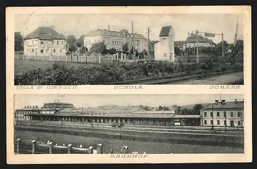 AK Halbstadt, Bahnhof, Villa Dr. Giersch mit Schule und Domäne