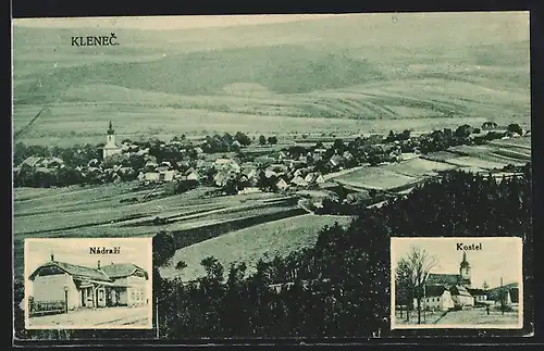 AK Klenec, Kostel, Nadrazi, Bahnhof, Ortsansicht