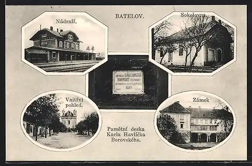 Passepartout-AK Batelov, Nadrazi, Sokolovna, Zamek