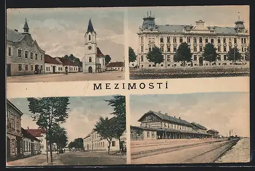 AK Mezimosti, Bahnhof, Marktplatz und Strassenpartie