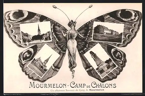 AK Mourmelon, Camp de Chalons, Eglise, Monument, Maison, Fliegende Menschen, Frau als Schmetterling