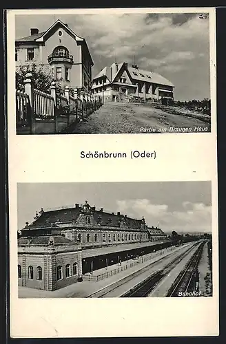 AK Schönbrunn (Oder), Nadrazi / Bahnhof, Partie am braunen Haus