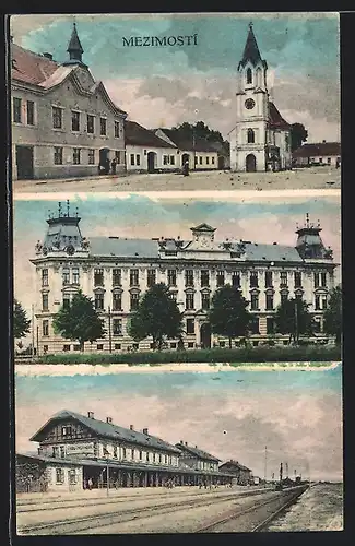 AK Mezimostí, Bahnhof mit Passanten, Marktplatz mit Kirche, Gebäudeansicht