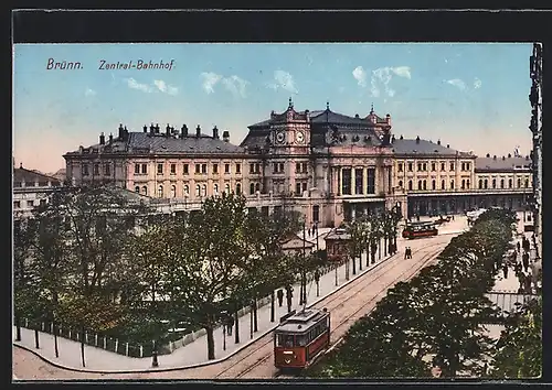 AK Brünn / Brno, Zentral-Bahnhof, Strassenbahn