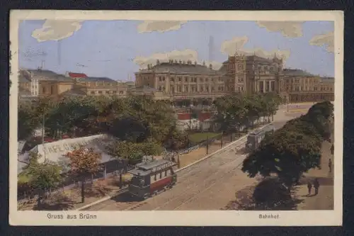 AK Brünn, Bahnhof mit Strassenbahn