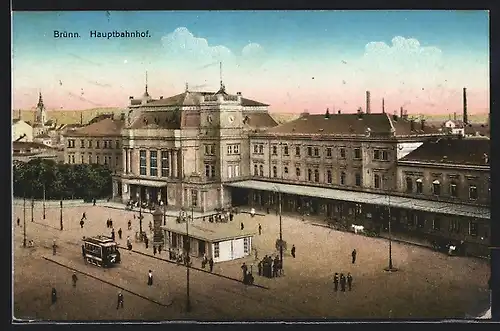 AK Brünn, Hauptbahnhof mit Strassenbahn