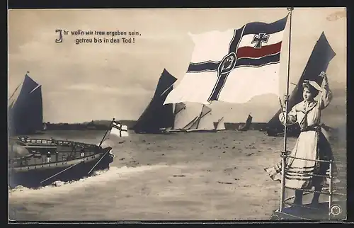 AK Soldatin mit Fahne an der Schiffsreling
