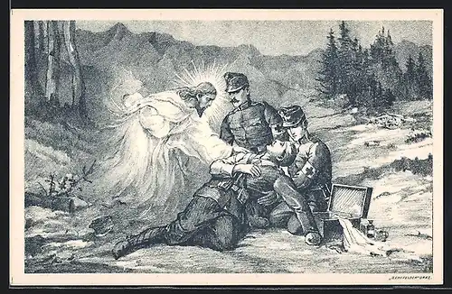 AK Rotes Kreuz, Jesus vor Soldaten mit einem verwundeten Kameraden
