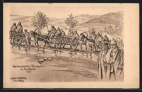 Künstler-AK Verwundeten-Transport in Russland 1915, Rotes Kreuz