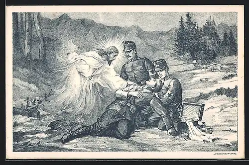 AK Rotes Kreuz, Jesus vor Soldaten mit einem verwundeten Kameraden