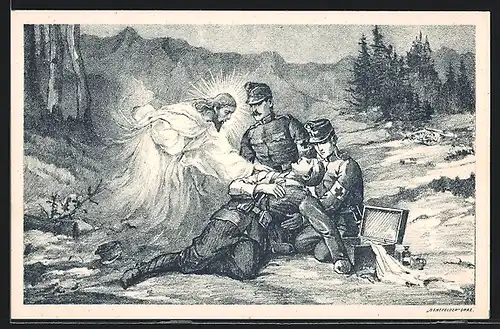 AK Rotes Kreuz, Jesus vor Soldaten mit einem verwundeten Kameraden