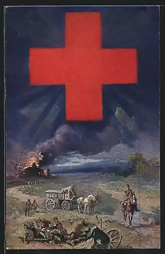Künstler-AK Kutsche des Roten Kreuzes auf dem Feld, Unterstützung für verwundete Soldaten