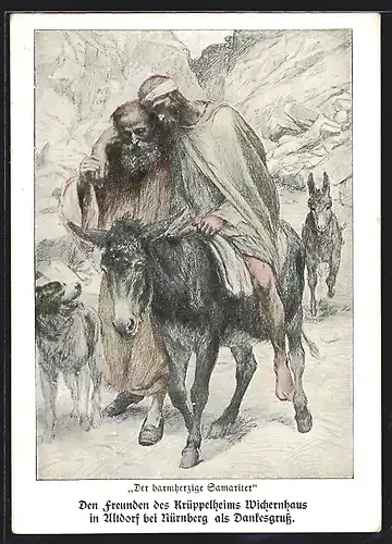 Künstler-AK Der barmherzige Samariter, Verwundeter auf einem Esel, Rotes Kreuz