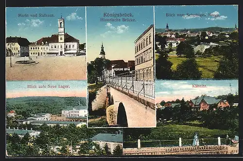AK Königsbrück, Markt & Rathaus, Blick auf's neue Lager, Historische Brücke