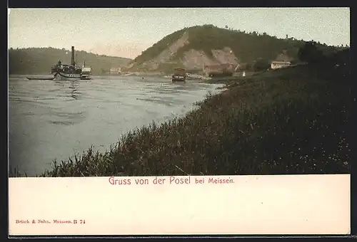 AK Posel bei Meissen, Uferpartie mit Dampfer