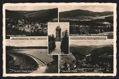 AK Wildenthal, Talsperre, Aussichtsturm auf dem Auersberg, Ortsansicht