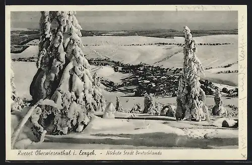 AK Oberwiesenthal i. Erzgeb., Teilansicht mit Tannen im Schnee