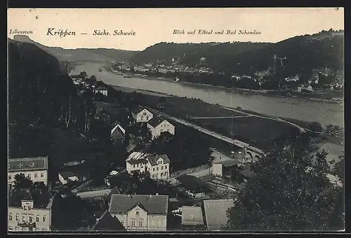 AK Krippen /Sächs. Schweiz, Blick auf Elbtal und Bad Schandau, Lilienstein