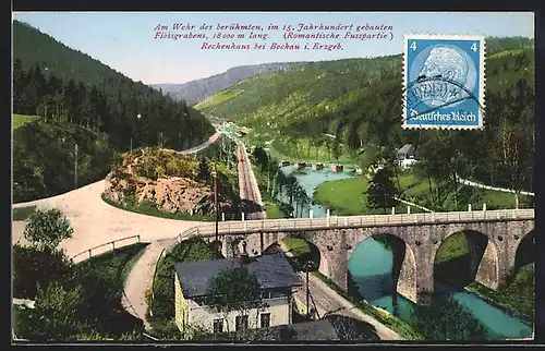 AK Zschorlau, Partie am Wehr des Flössgrabens, Brücke und Bahnstrecke