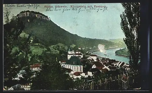 AK Königstein /Sächs. Schweiz, Teilansicht mit Kirche und Festung