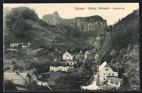 AK Rathen /Sächs. Schweiz, Teilansicht mit Gansfelsen