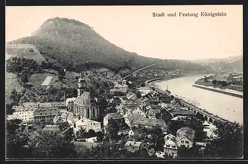 AK Königstein, Teilansicht mit Kirche und Festung