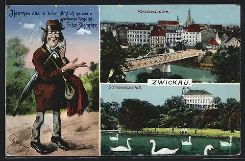 AK Zwickau, Paradiesbrücke, Schwanenschloss